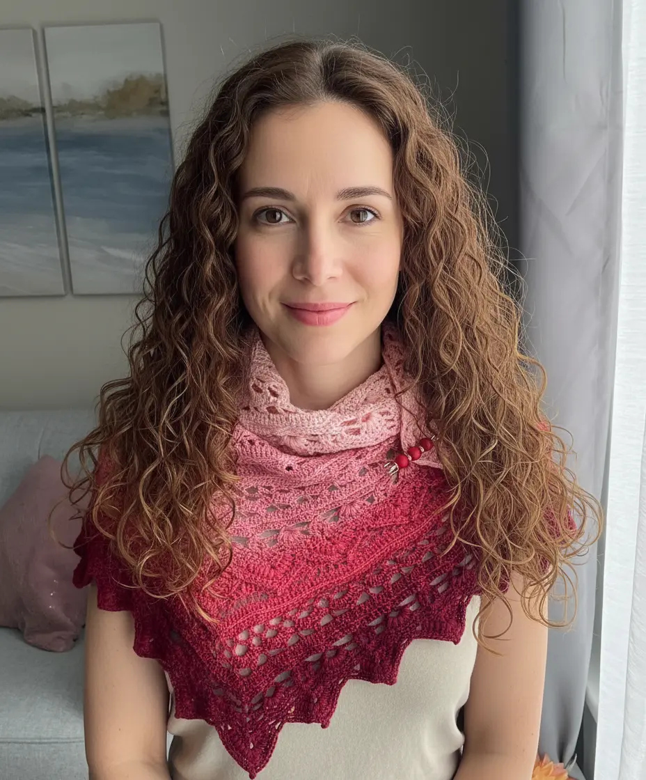 Model wearing a handmade berry and rose crochet shawl