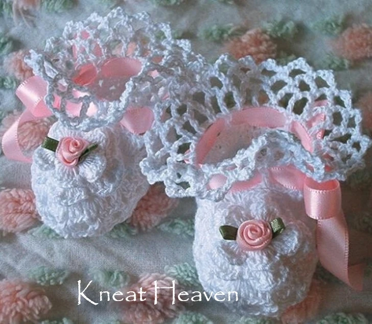 Handmade cotton crochet Irish rose baby booties with satin ribbon laces