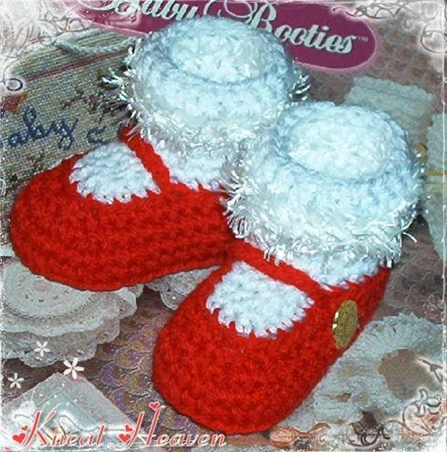 Handmade crochet Mary Jane baby booties with fluffy trim and button straps